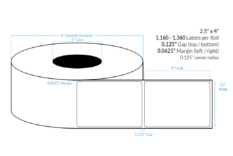 2.5" x 4" High Gloss White Paper {Rounded Corners} Roll Labels (3"Core/8"OD)