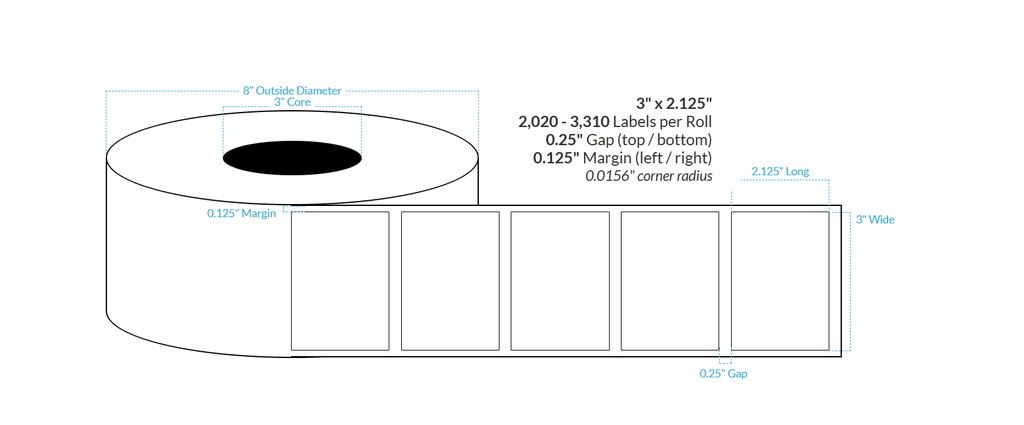 [103953-3X8-HGWP-129-1000000] 3" X 2.125" High Gloss White Paper {Square Corners} Roll Labels  (3"Core/8"OD)