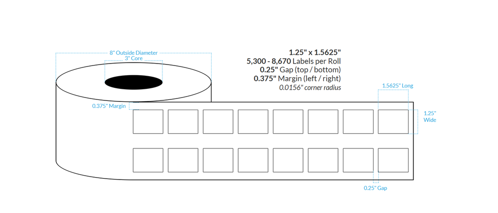[101336-3X8-HGB-129-2000000] 1.25" X 1.5625" 2-ACROSS High Gloss White Polypropylene BOPP {Square Corners} Roll Labels  (3"Core/8"OD)