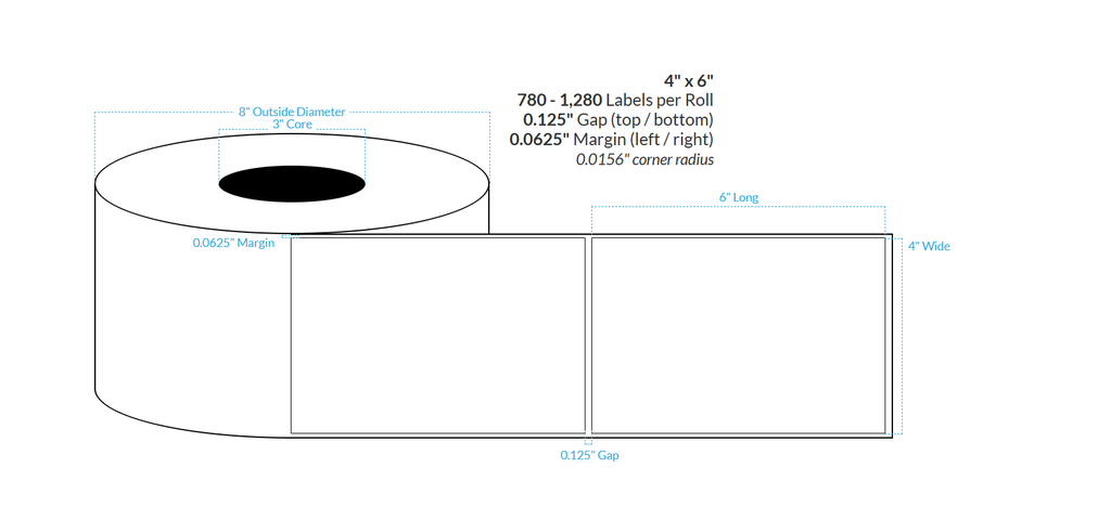 4" X 6" High Gloss White Paper {Square Corners} Roll Labels  (3"Core/8"OD)