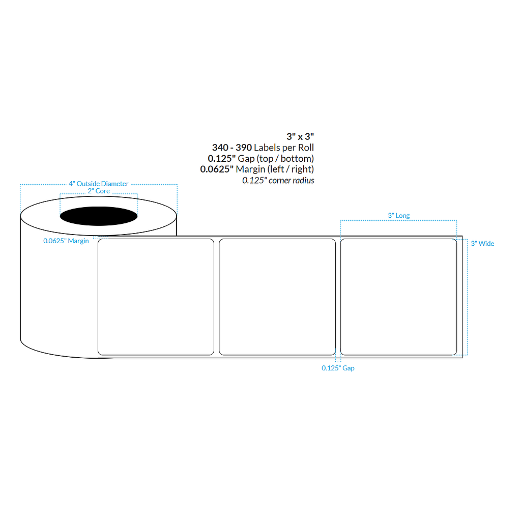 [103054-3X8-HGWP-129-1000000] 3" X 3"  High Gloss White Paper {Square Corners} Roll Labels  (3"Core/8"OD)