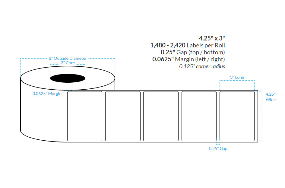 [103955-3X8-HGB-138-1000000] 4.25" X 3" High Gloss White Polypropylene BOPP {Rounded Corners} Roll Labels (3"Core/8"OD)
