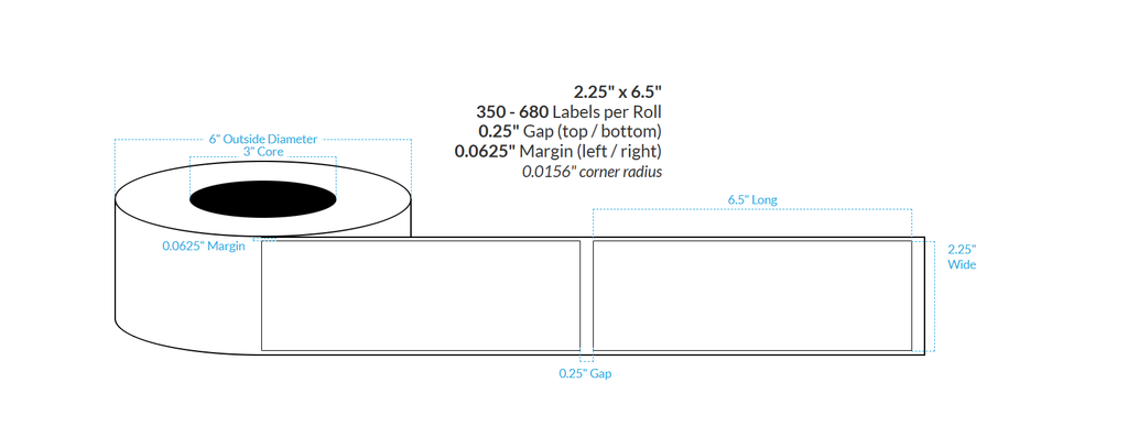 2.25" X 6.5" High Gloss White Polypropylene  BOPP {Square Corners} Roll Labels (3"Core/6"OD)