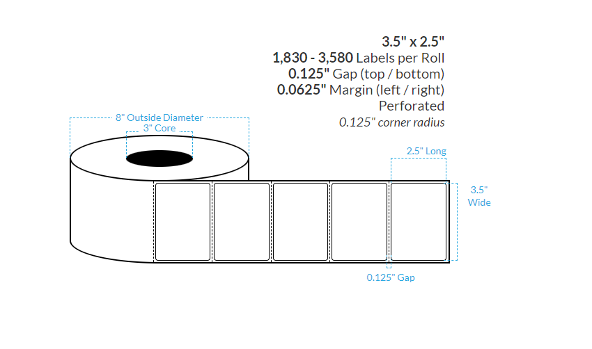 [104916-3X8-MWB-182-1000000] 3.5" X 2.5" Matte White (BOPP) Perforated {Rounded Corners} Roll Labels  (3"Core/8"OD)