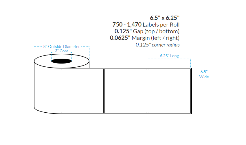 [103065-3X8-MWB-182-1000000] 6.5" X 6.25" Matte White BOPP Polypropylene {Rounded Corners} Roll Labels  (3"Core/8"OD)