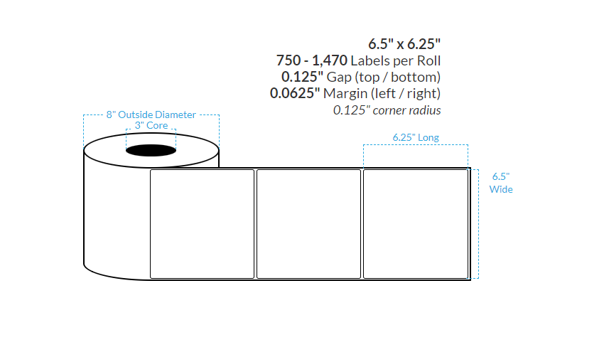 6.5" X 6.25" MATTE WHITE BOPP Polypropylene {ROUNDED CORNERS} Roll Labels  (3"CORE/8"OD)