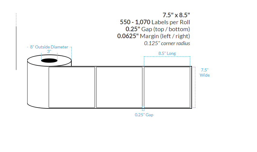 [100560-3X8-MWB-182-1000000] 7.5" X 8.5" Matte White Polypropylene BOPP {Rounded Corners} Roll Labels  (3"Core/8"OD)