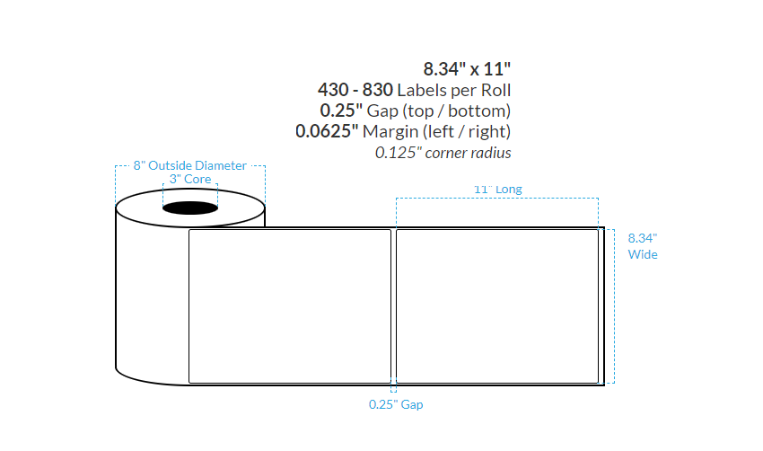 [103506-3X8-MWB-182-1000000] 8.34" X 11" Matte White Polypropylene BOPP {Rounded Corners} Roll Labels  (3"Core/8"OD)