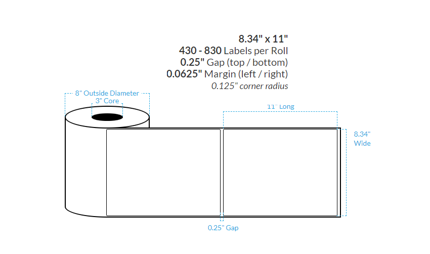 8.34" X 11" MATTE WHITE Polypropylene BOPP {ROUNDED CORNERS} Roll Labels  (3"CORE/8"OD)