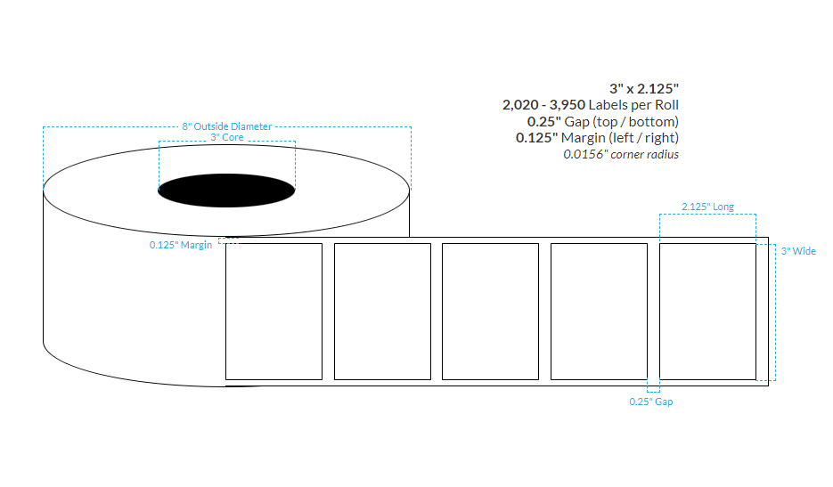 [103953-3X8-HGB-129-1000000] 3" X 2.125" High Gloss White Polypropylene BOPP {Square Corners}  Roll Labels (3" Core/8" OD)
