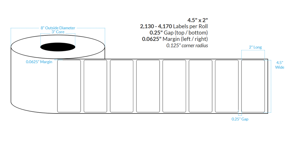 [103268-3X8-SaB-184-1000000] 4.5" X 2" Satin Polypropylene BOPP {Rounded Corners} Roll Labels  (3"Core/8"OD)