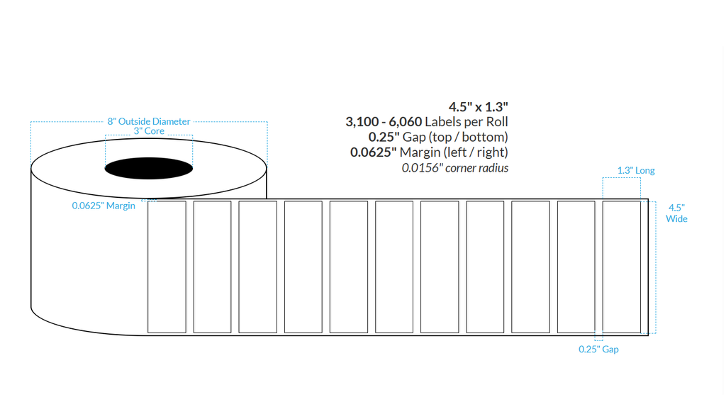 [103649-3X8-SaB-138-1000000] 4.5" X 1.3" Satin Polypropylene BOPP {Square Corners} Roll Labels  (3"Core/8"OD)