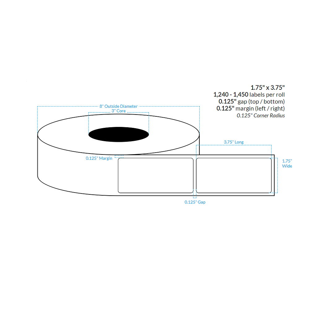 [100846-3X8-MWP-161-1000000] 1.75" X 3.75" Matte White Paper {Rounded Corners} Roll Labels  (3"Core/8"OD)