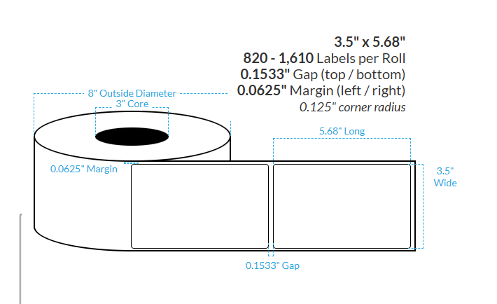 [000000-3X8-MWB-182-1000000-2] 3.5" X 5.68"  Matte White Polypropylene BOPP {Rounded Corners} Roll Labels (3"Core/8"OD)