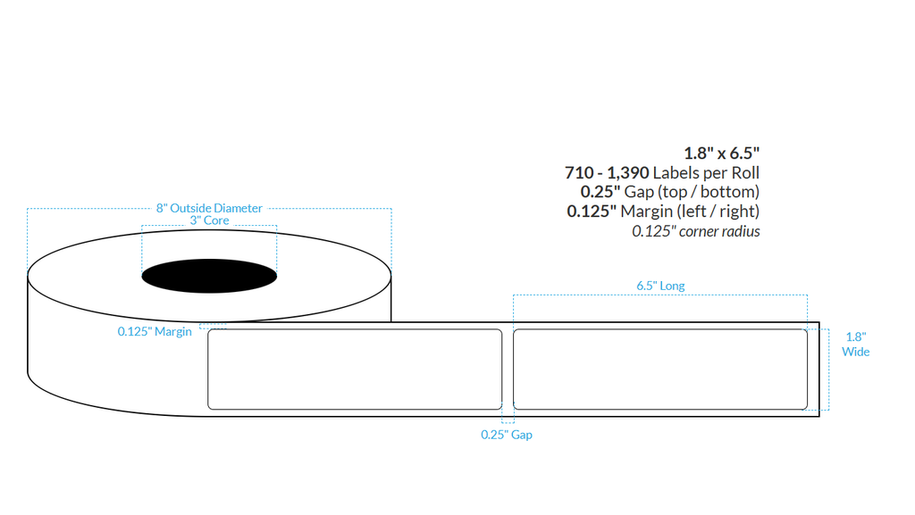 [100900-3X8-SSH-182-1000000] 1.8" X 6.5" Smooth Silver Holographic {Rounded Corners} Roll Labels (3"Core/8"OD)
