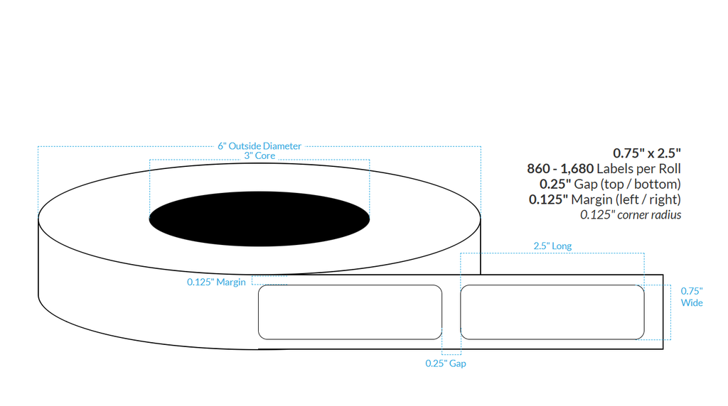 [102896-3X6-MWP-153-1000000] .75" X 2.5" Matte White Paper {Rounded Corners} Roll Labels  (3"Core/6"OD)
