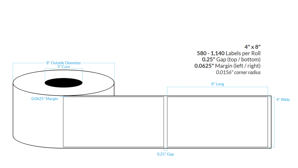[100403-3X8-MWB-129-1000000] 4" X 8" Matte White Polypropylene BOPP {Square Corners} Roll Labels  (3"Core/8"OD)