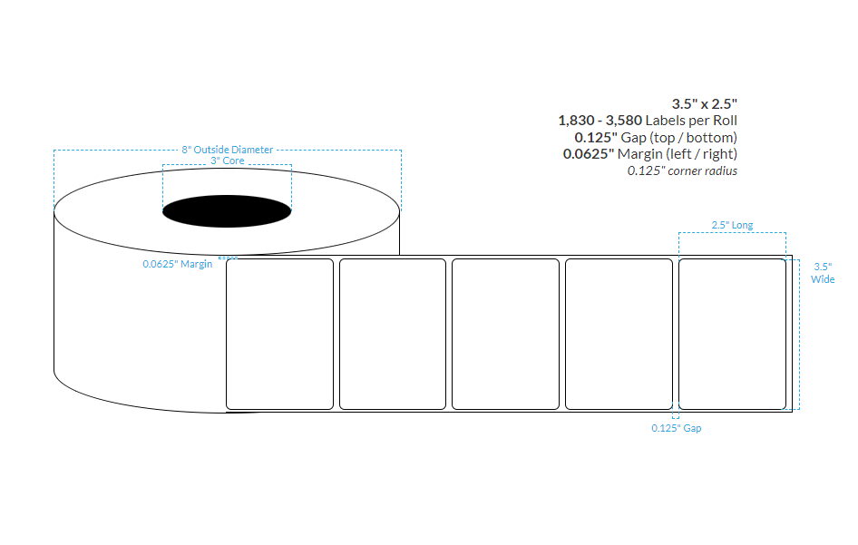[100927-3X8-SB-182-1000000] 3.5" X 2.5" Silver Polypropylene (BOPP) {Rounded Corner} (3"Core/8"OD)
