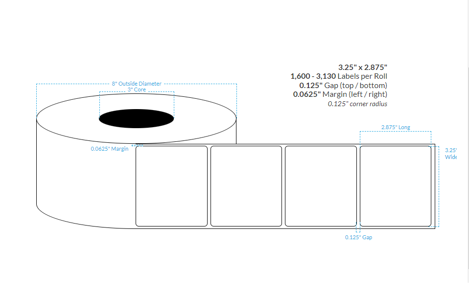 [103638-3X8-HGWP-138-1000000] 3.25" X 2.875" High Gloss White Paper {Rounded Corners} Roll Labels (3"Core/8"OD)