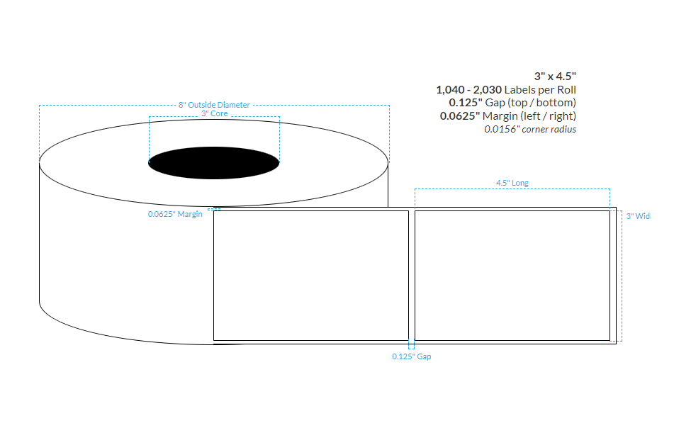 [104544-3X8-HGWP-181-1000000] 3" X 4.5" High Gloss Paper {Square Corners} Roll Labels (3"Core/8"OD)