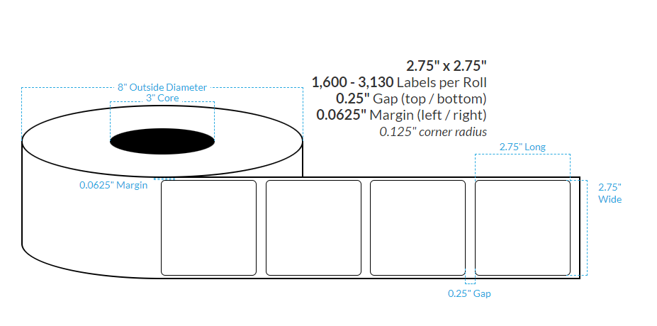 [100464-3X8-SSH-161-1110000] 2.75" X 2.75" Smooth Silver Holographic {Rounded Corners/Timing Marks/Matrix On} Roll Labels  (3"Core/8"OD)