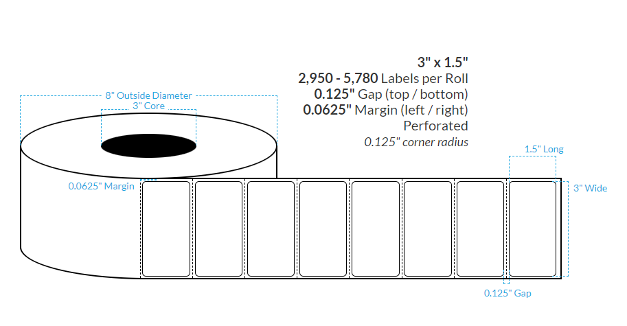 [105286-3X8-MWB-129-1000000] 3" X 1.5" Matte White Polypropylene BOPP {Rounded Corners} Perforated Roll Labels  (3"Core/8"OD)