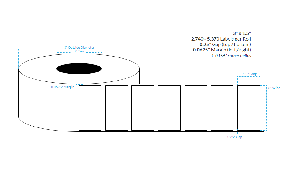 [101852-3X8-HGWP-129-1000000] 3" X 1.5" High Gloss White Paper {Square Corners} Roll Labels (3" Core/8" OD)