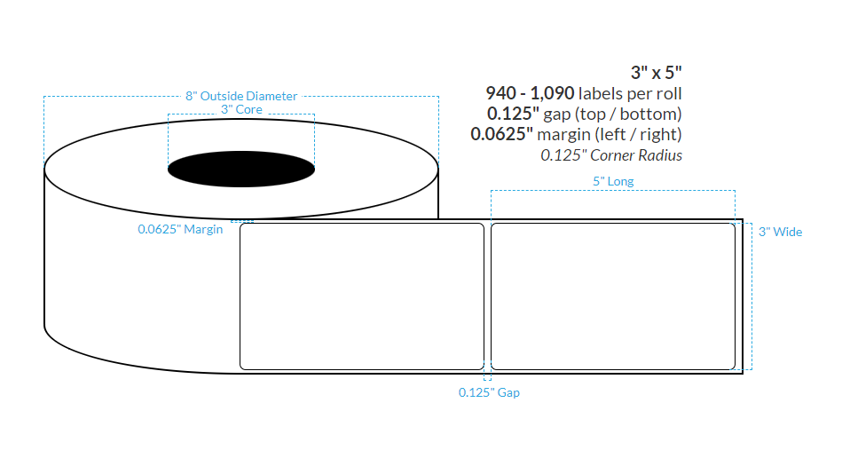 [100537-3X8-RMWB-161-1000000] 3" X 5" Removable Matte White Polypropylene BOPP {Rounded Corners} Roll Labels  (3"Core/8"OD)
