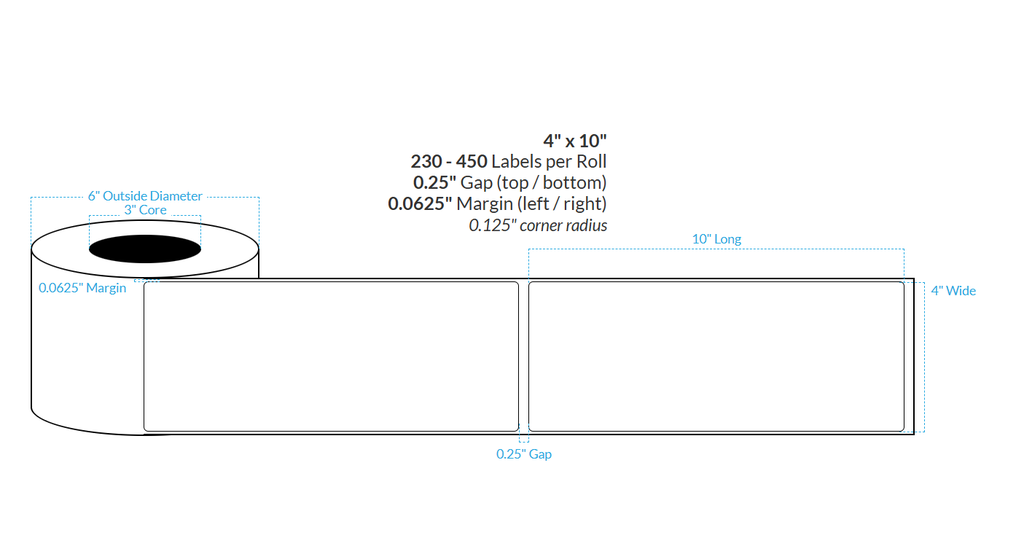 [100743-3X6-MWBET-151-1000000] 4" X 10" Matte White Polypropylene BOPP Extreme Tack {Rounded Corners} Roll Labels (3"Core/6"OD)