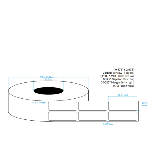 [105393-3X8-MWP-129-2000000] 0.875" X 2.875" Matte White Paper {2-ACROSS Square Corners} Roll Labels (3"Core/8"OD)