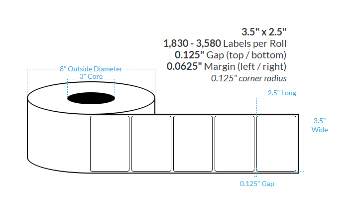 [100927-3X8-MWB-182-1000000] 3.5" X 2.5" Matte White Polypropylene (BOPP) {Rounded Corners} Roll Labels  (3"Core/8"OD)