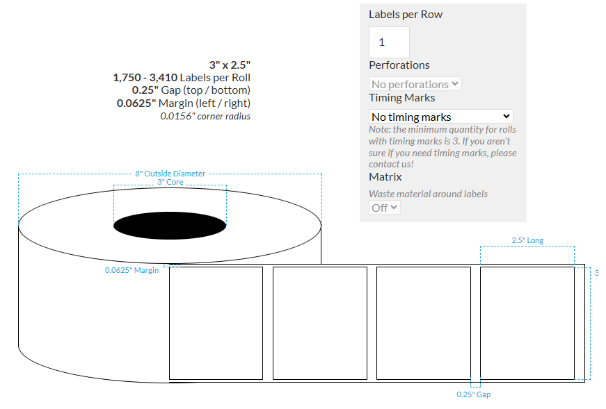 [102240-3X8-HGB-161-1000000] 3" X 2.5" High Gloss White Polypropylene BOPP {Square Corners} Roll Labels  (3"Core/8"OD)