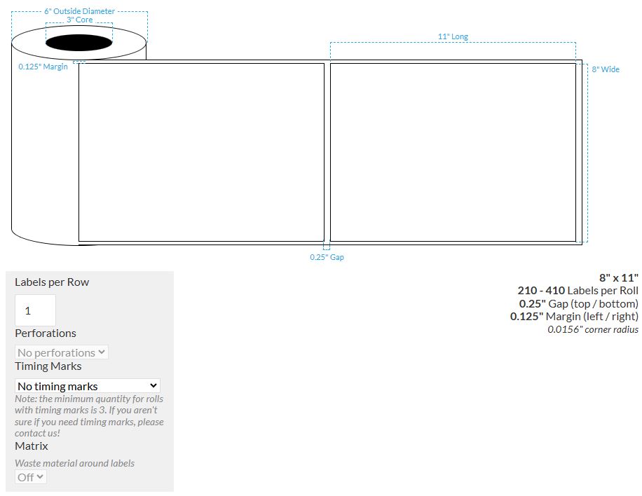 8" X 11" MATTE WHITE BOPP PERFORATED (BS5609 CERTIFICATION) {RECTANGLE/SQUARE CORNERS} Roll Labels  (3"CORE/6"OD)