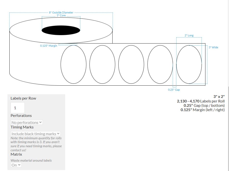 [102401-3X8-HGB-189-1110000] 3" X 2" High Gloss White Polypropylene BOPP {Oval} Roll Labels  (3"Core/8"OD)