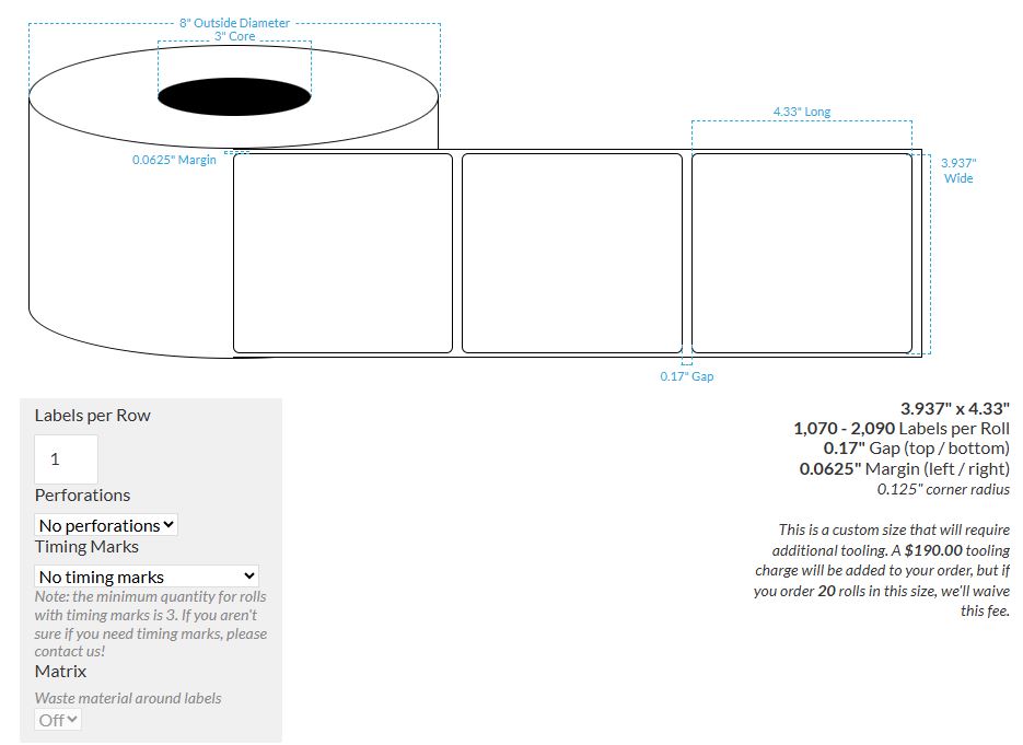 [000000-3X8-MWB-182-1000000] 3.937" X 4.33" Matte White Polypropylene BOPP {Round Corners} Roll Labels  (3"Core/8"OD)