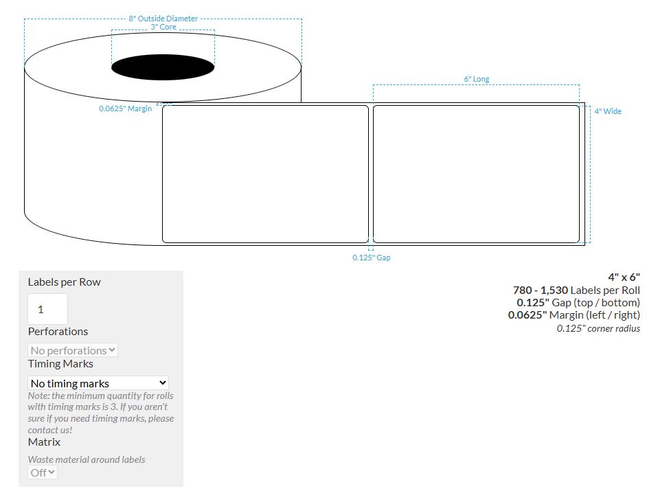 [100868-3X8-MWP-161-1000000] 4" X 6" Matte White Paper {Round Corners} Roll Labels  (3"Core/8"OD)