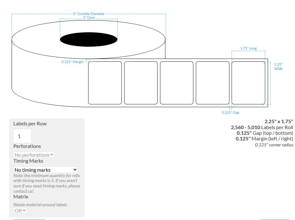 [100786-3X8-MWP-129-1000000] 2.25" X 1.75" Matte White Paper {Rounded Corners} Roll Labels  (3"Core/8"OD)