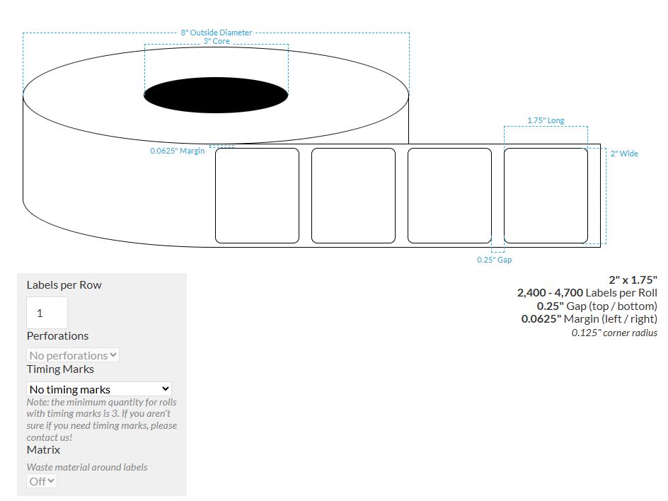[100167-3X8-MWP-129-1000000] 2" X 1.75" Matte White Paper {Rounded Corners} Roll Labels  (3"Core/8"OD)