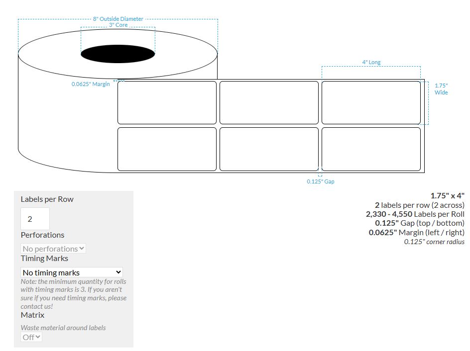 [100411-3X8-HGWP-129-2000000] 1.75" x 4" HIGH GLOSS WHITE PAPER {ROUNDS CORNERS} Roll Labels  (3"CORE/8"OD)