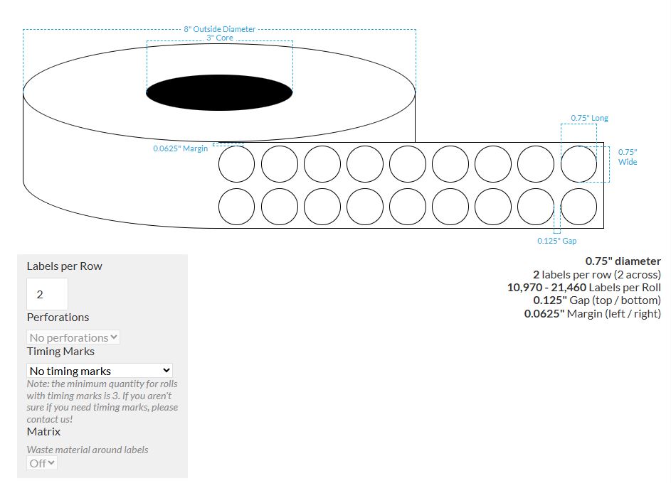 [100640-3X8-MWP-161-2000000] .75" Matte White Paper {2-ACROSS Circle} Roll Labels (3"Core/8"OD)