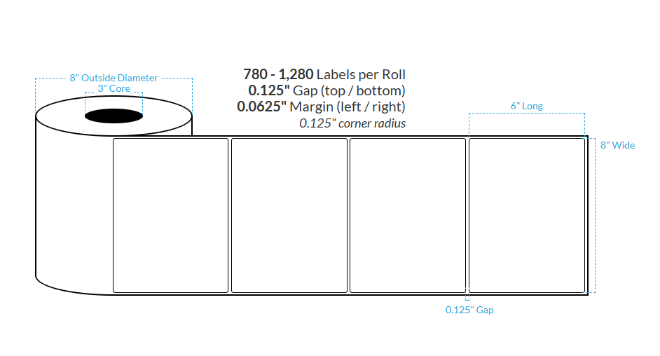 8" x 6" MATTE Polypropylene BOPP {SQUARE CORNERS} Roll Labels (3"CORE/6"OD)
