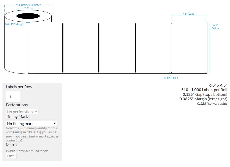 6.5" X 4.5" High Gloss White Paper {Round Corners} Roll Labels (3"Core/6"OD)