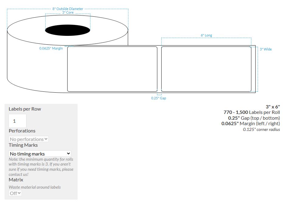 [100858-3X8-MWB-203-1000000] 3" X 6" Canon LX-P5510 Matte White BOPP {Rounded Corners} Roll Labels  (3"Core/8"OD)