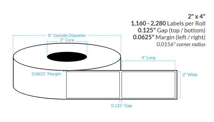 [102392-3X8-HGB-203-1000000] 2" x 4" CANON LX-P5510 HIGH GLOSS WHITE BOPP {SQUARE CORNERS} Roll Labels  (3"CORE/8"OD)