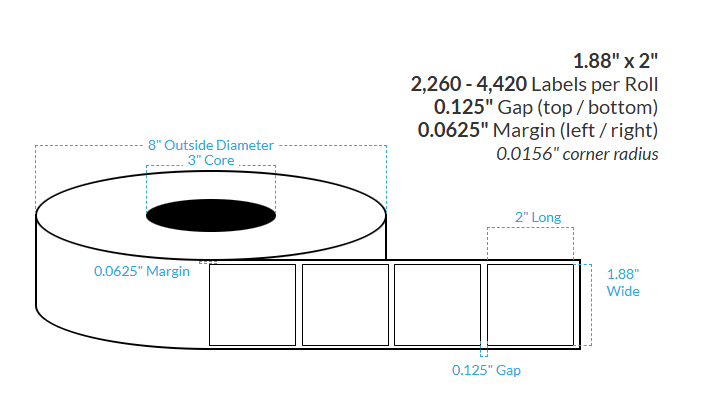 1.88" x 2" CANON LX-P5510 HIGH GLOSS WHITE BOPP {SQUARE CORNERS} Roll Labels  (3"CORE/8"OD)