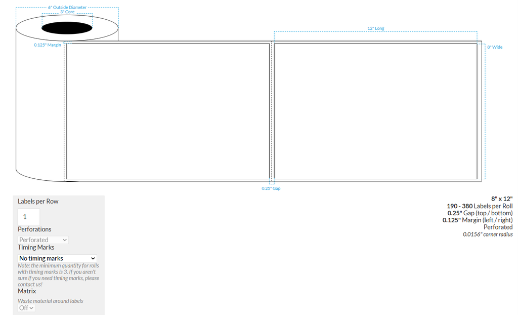 [101046-3X6-MWB5609-151-1000000] 8" X 12" MATTE WHITE BOPP PERFORATED (BS5609 CERTIFICATION) {RECTANGLE/SQUARE CORNERS} Roll Labels  (3"CORE/6"OD)
