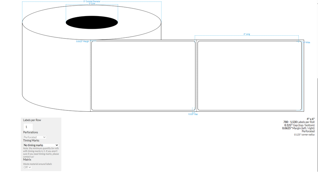 [101400-3X8-MWB5609-206-1000000] 4" X 6" Matte White BOPP (BS5609 Certification) Perforated {Rounded Corners} Blank Roll Labels  (3"Core/8"OD)