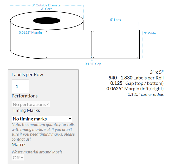 [100537-3X8-MWB5609-206-1000000] 3" X 5" Matte White BOPP (BS5609 Certification) {Rounded Corners} Blank Roll Labels  (3"Core/8"OD)