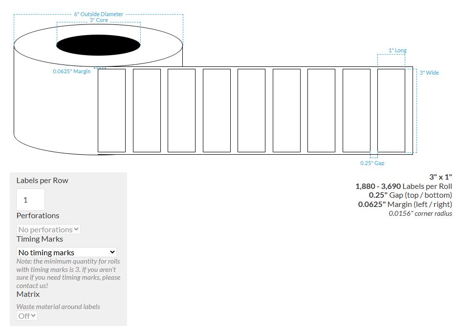[101543-3X6-HGWP-149-1000000] 3" X 1" High Gloss White Polypropylene BOPP {Square Corners} Roll Labels (3"Core/6"OD)