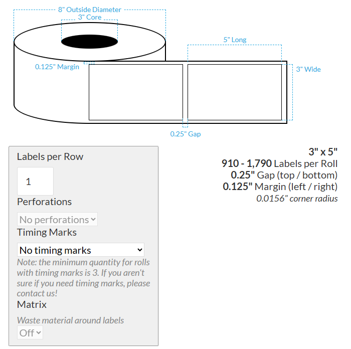[101273-3X8-MWB5609-206-1000000] 3" X 5" Matte White BOPP (BS5609 Certification) {Rectangle/Square Corners} Blank Roll Labels  (3"Core/8"OD)